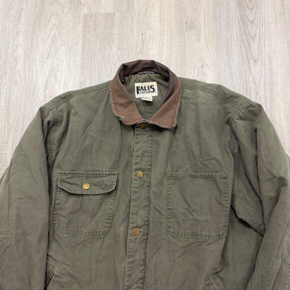 Vintage Falls Creek Chore Coat Men's XL Green Leather Collar Barn Utility Boxy - Picture 2 of 7